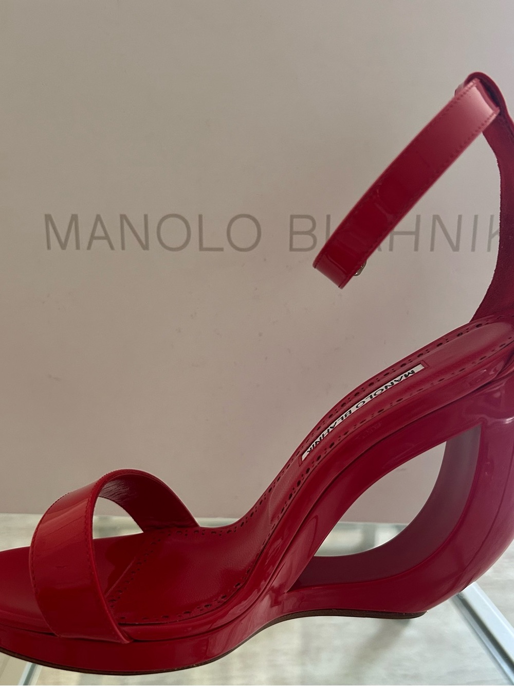 Manolo Blahnik Red Patent Leather Sculptural Ankle-Strap Sandal